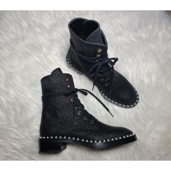 Stuart Weitzman|Sondra Bead Embellished Black Glitter Combat Boots, 6 - Picture 10 of 16